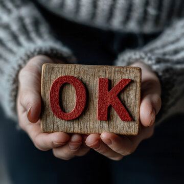 Hands hold wooden block spelling OK in red letters