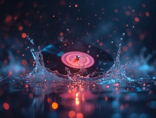 Obraz premium Vinyl record splashing into glowing liquid, creating colorful splashes