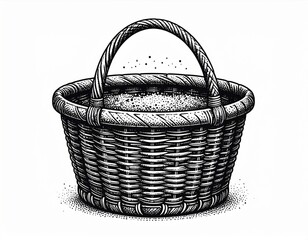 Obraz premium Detailed Monochrome Wicker Basket with Arched Handle and Woven Texture Isolated on White Background