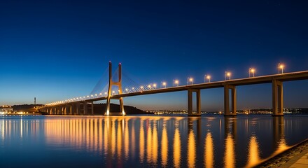 Fototapeta premium Night View of Illuminated Cable Bridge over Water.