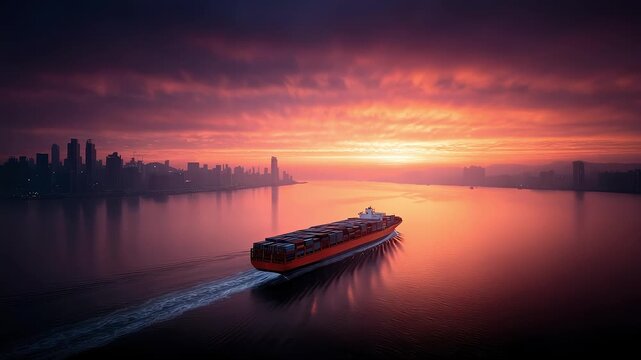 Container Ship Sailing into the Distance at Sunset