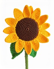 Knitted Crochet Sunflower with Yellow Petals and Green Leaves on White Background