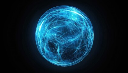 A luminous blue sphere, reminiscent of energy or plasma, fills the dark background. Intricate, swirling lines of light create a captivating, almost ethereal, effect within its translucent form