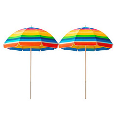 Two vibrant striped beach umbrellas ready for sunny days on the sand