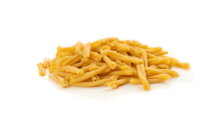 Casarecce pasta isolated, dry traditional macaroni, raw casarecce, wheat noodles, Italy cuisine ingredient
