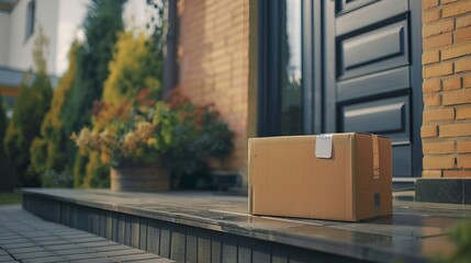 A cardboard box sits on a doorstep, awaiting delivery recipient's arrival, signifying online shopping delivery
