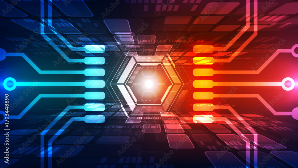 Poster futuristic digital circuit background with glowing hexagonal core and neon blue red energy flow conn