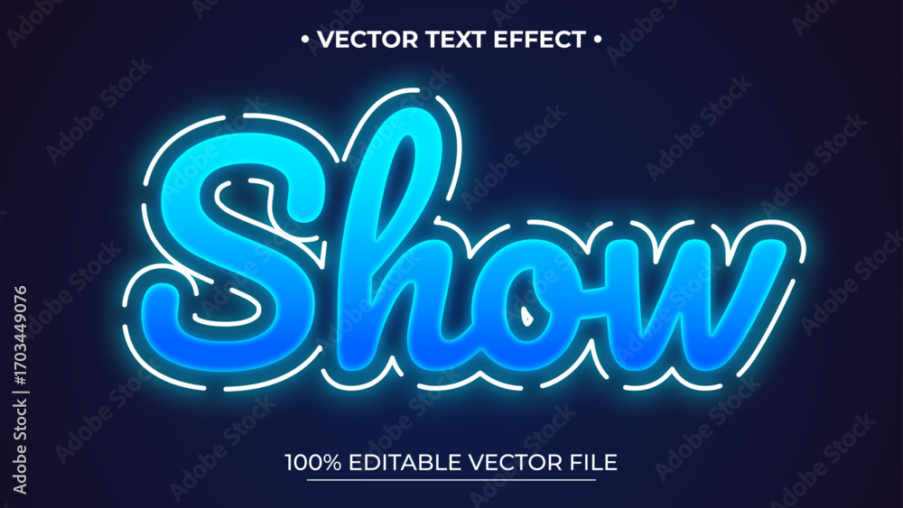 Poster vibrant blue neon show text effect with editable vector file on dark background