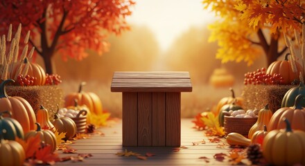 Obraz premium Autumn Harvest Display with Wooden Pedestal and Colorful Foliage Background