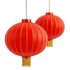 Two vibrant traditional red chinese lanterns with golden tassels suspended for festive celebration