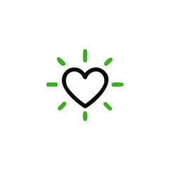 Simple black outline heart with radiating green rays on white background