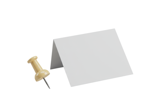 A brand new cream plastic pushpin with a sharp silver pin precisely next to a transparent minimalist memo card on a transparent background, no shadows, office supply concept