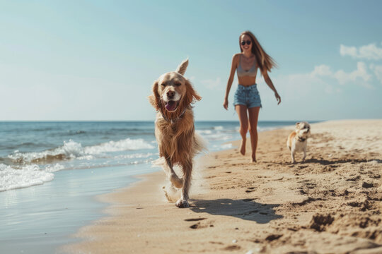 Happy golden retriever and smaller dog joyfully run on beach with young woman