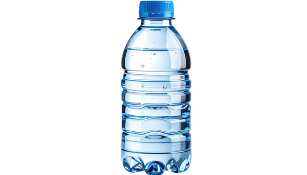 Clear plastic water bottle with a blue cap