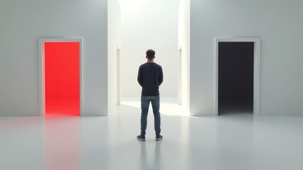 Obraz premium A person standing in a minimalist room facing two contrasting doors, one red and one black, symbolizing choices