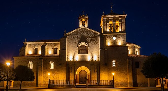 Illuminated Church of San Miguel Arc?ngel in Cu?llar at Night.