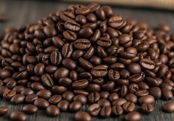Fototapeta premium Aromatic coffee beans meticulously arranged on rustic wooden backdrop
