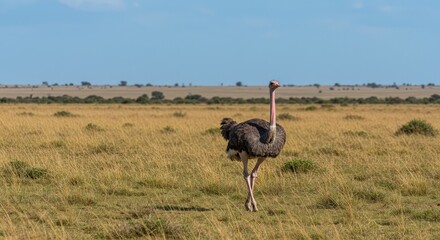 Naklejka premium Majestic ostrich striding confidently across a vast, sun-drenched savanna landscape under a clear blue sky