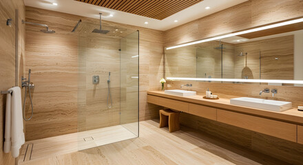 A modern bathroom with a spacious walk-in shower and a double vanity with wood accents.