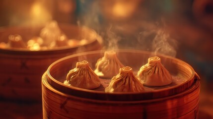 Steaming dumplings rest in a bamboo basket, releasing aromatic steam in a warm, inviting setting