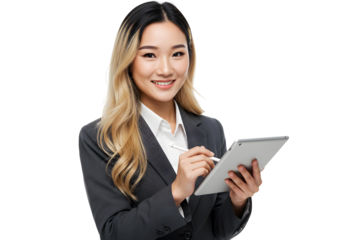 Smiling Asian businesswoman holding tablet and stylus, professional and confident