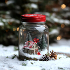 Miniature winter house scene in a jar, snow-covered, festive