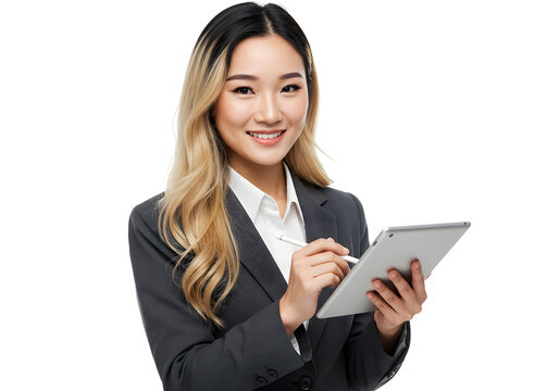 Smiling Asian businesswoman holding tablet and stylus, professional and confident