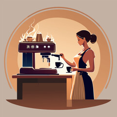 A woman in an apron prepares coffee using a professional espresso machine, with steam rising from the top.