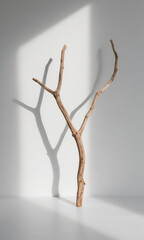 Simple natural decor featuring a dry wooden branch creating an abstract shadow play on a sunlit white background in a minimalist interior