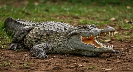 Obraz premium Majestic Nile crocodile with mouth agape showcasing formidable teeth, resting on earthy ground with lush green grass in background, a powerful symbol of wild nature and primal strength
