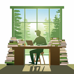 Silhouette of a person working on a laptop at a desk piled with books, with a large window overlooking a forest.