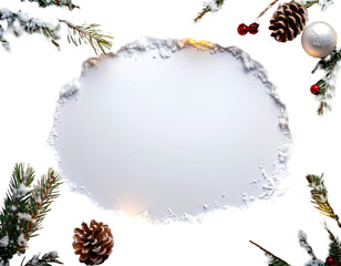 White oval frame, snowy, Christmas decorations