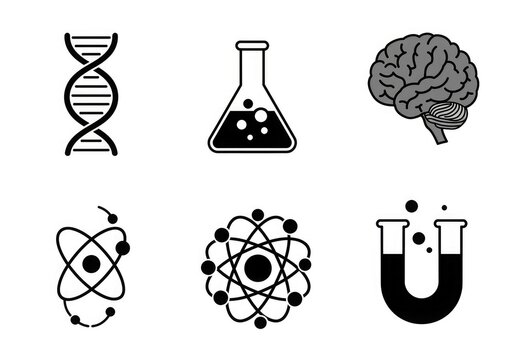 Collection of science-related icons, including DNA, a flask, a brain, and atomic structures.