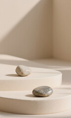 A tranquil and minimalist scene featuring two smooth zen stones resting on a curved beige pedestal under natural light and soft shadows