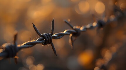Blurry rustic rusty grunge aged barbed wire rod fence on gold candle light bokeh