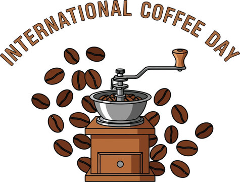 International coffee day with vintage manual coffee grinder and coffee beans vector illustration