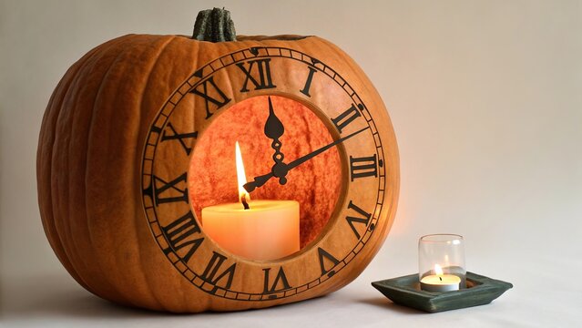 Carved pumpkin clock face with candle inside creates unique autumn decor for Halloween celebration