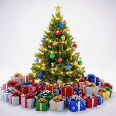 Illuminated Christmas Tree Surrounded by Wrapped Colorful Presents on White Backdrop