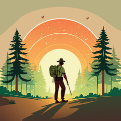 A lone hiker with a backpack and walking stick traverses a path through a forest at sunset, with tall pine trees framing the warm, glowing sun.