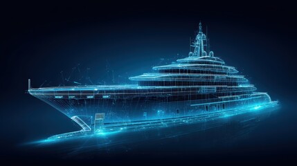 A futuristic digital wireframe of a luxury yacht glows with blue light against a dark background, showcasing advanced maritime technology and sleek design