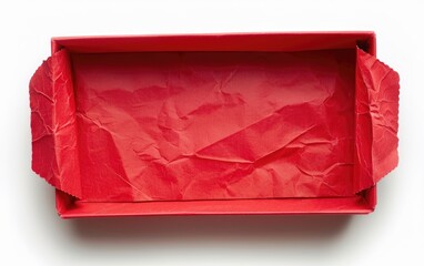 An empty red rectangular box, viewed from above, is lined with crumpled red tissue paper.  The box appears to be made of cardboard