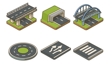 Isometric road elements: bridges, tunnels, roundabouts, and crosswalks