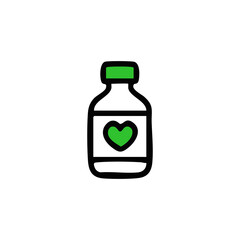 Simple line art of a bottle with a green heart-shaped label