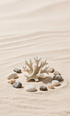 A tranquil still life composition featuring a delicate white coral centerpiece encircled by smooth pebbles on a serene, rippled sand background
