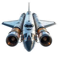 Futuristic,  long,  silver spacecraft with  twin  jet engines.  Detailed  design,  powerful  thrust
