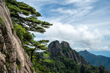 Beautiful view on the trail of Mount Huangshan, gorgeous rocks and strange pine in the mountain, in Anhui Province, China.