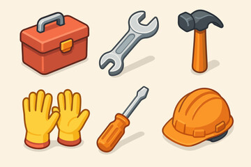 Colorful set of cartoon tools with toolbox, wrench, hammer, gloves, screwdriver, and hard hat
