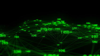 Obraz premium Block chain technology concept. Big data visualization. Artificial intelligence. Green network connection structure. Abstract digital background with matrix. 3d rendering.