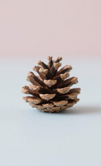 Minimalist still life of a natural brown pinecone with intricate scales, isolated on a two-tone pastel background creating a calm and simple aesthetic