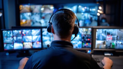 A security professional monitors multiple surveillance screens in a control room, wearing a headset and focusing on live video feeds
